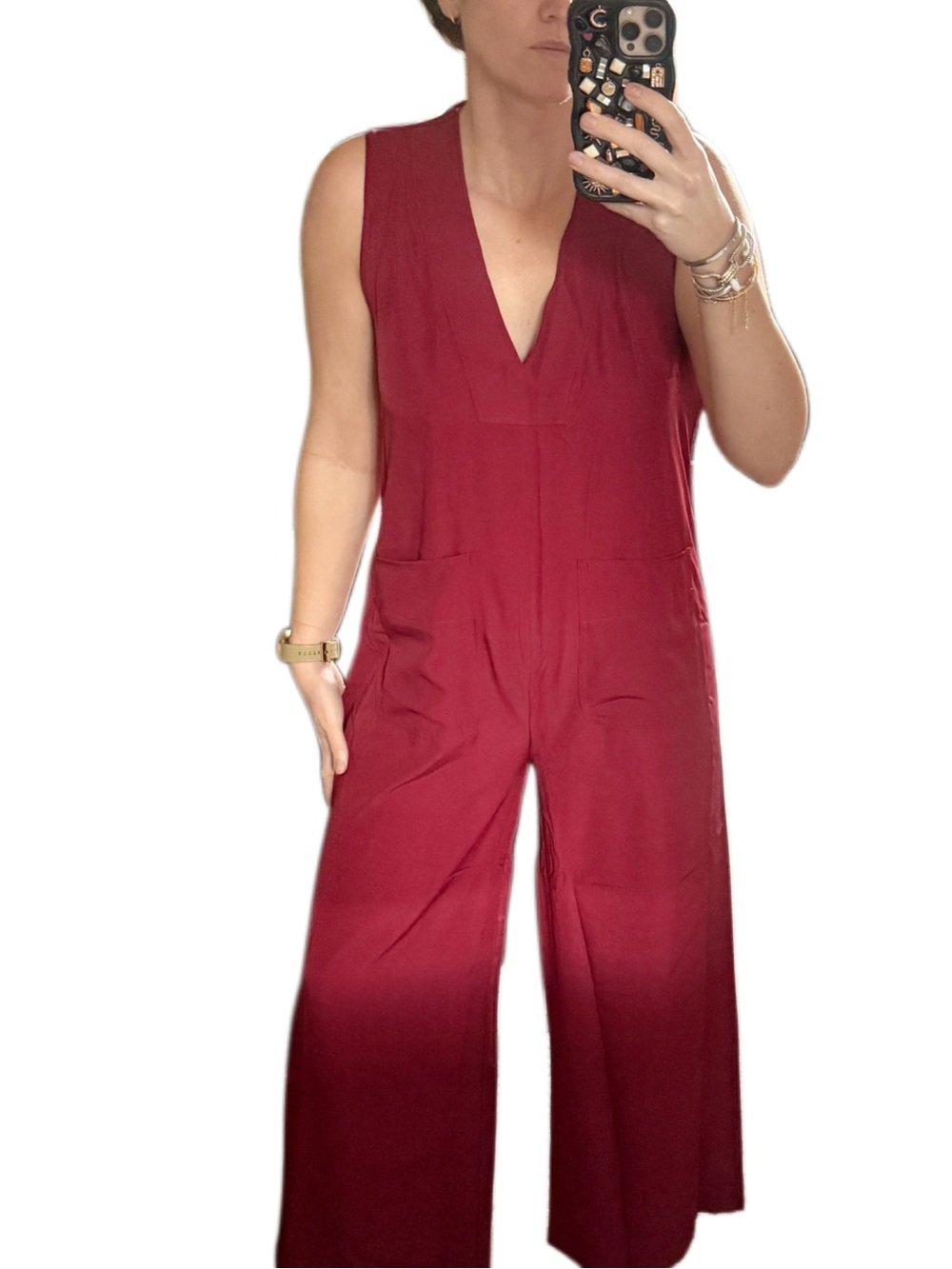 Sleeveless V-Neck Wide-Leg Jumpsuit in Burgundy